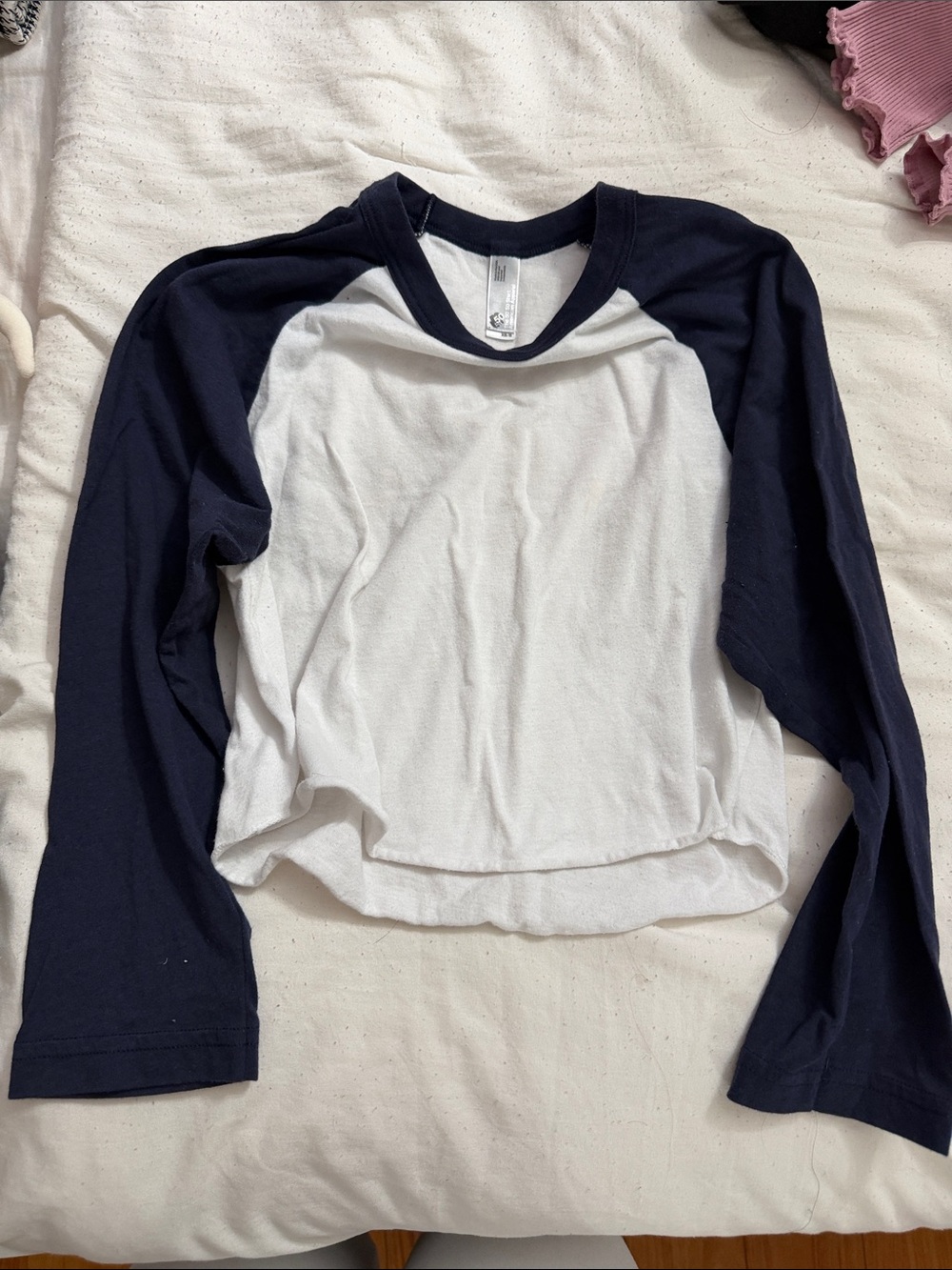 American Apparel Cropped Henley color block long sleeve navy blue white XS/s